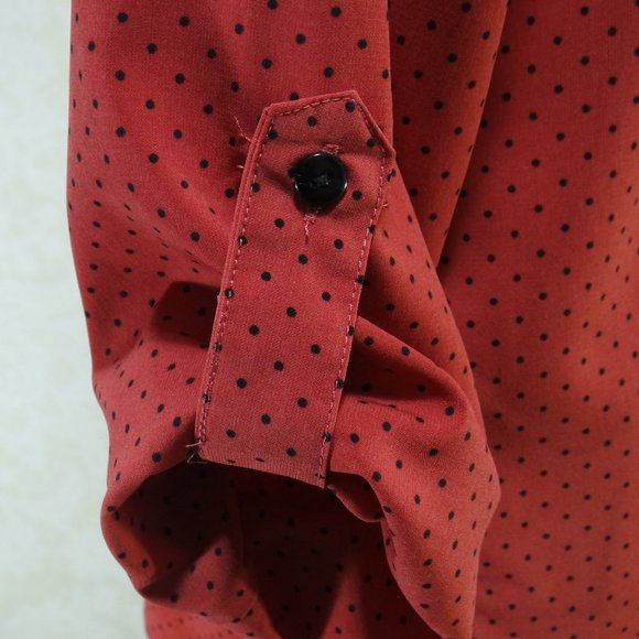 ELEMENTZ Red Orange Polka Dot Adjustable Sleeve Button Up Blouse Shirt - Picture 10 of 17